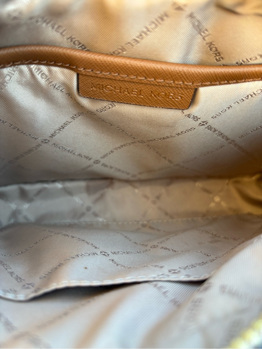 Michael Kors Beige MK Signature Crossbody with Brown Trim & Gold Chain - Picture 6 of 11